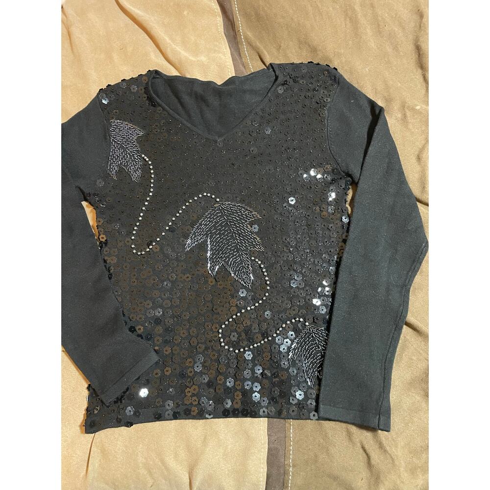 Sparkly leaf patterned black whimsical fairy artsy sweater XS/S